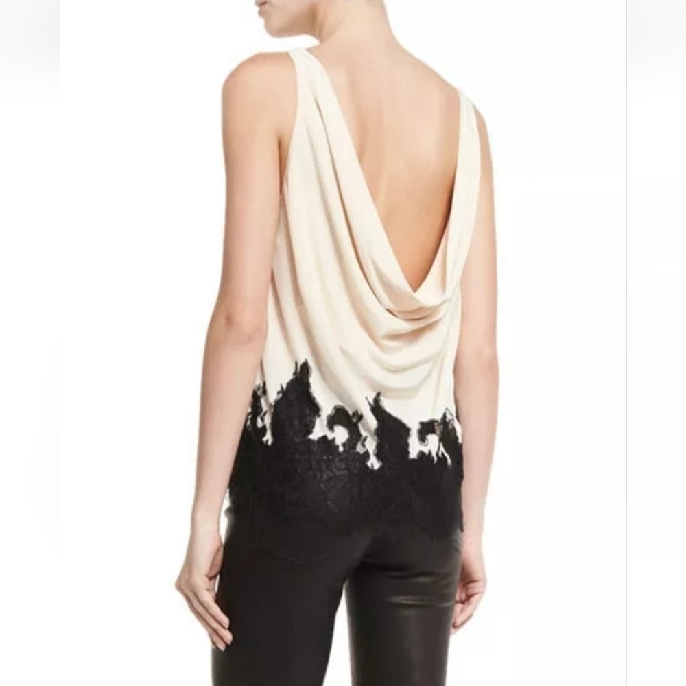 Alice + Olivia Marge Black Lace Champagne Silk Cowl Back Blouse Size Medium - Picture 2 of 10